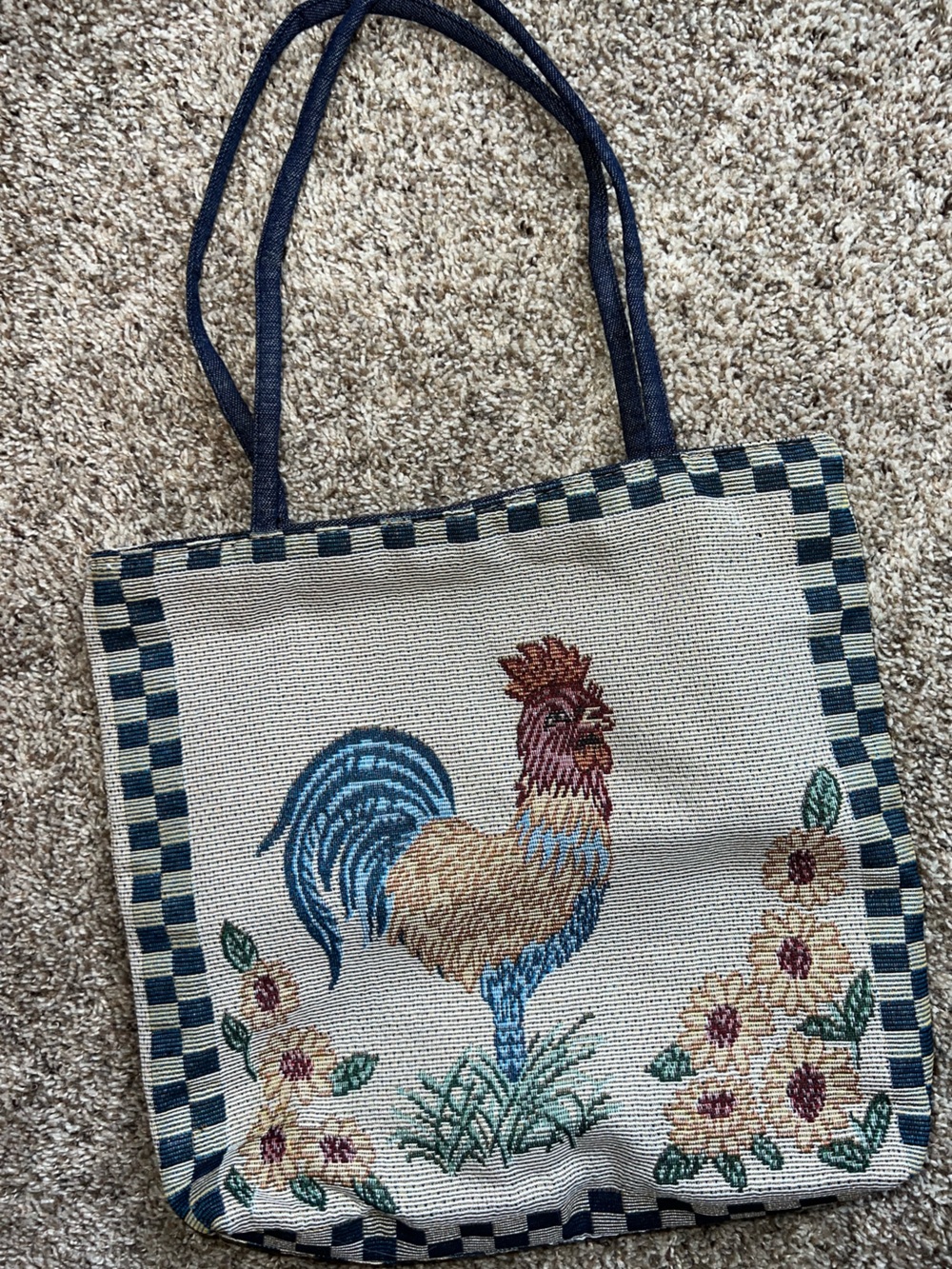 Embroidered Rooster Farm Sunflower Tote Bag Needlepoint Vintage Cottagecore